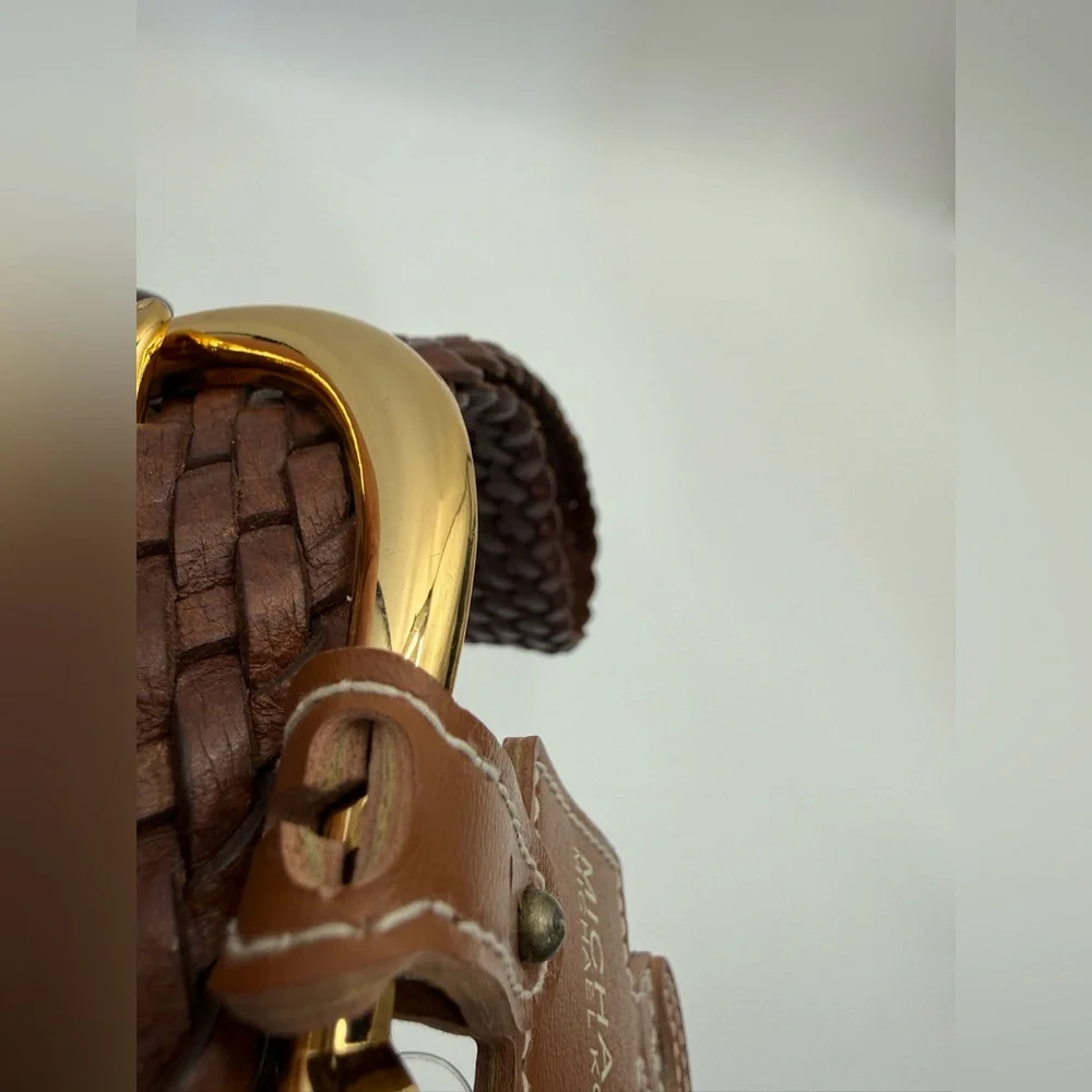 Michael Kors Brown Braided Leather Belt Gold Buckle Tassel Charm Boho Chic SZ M